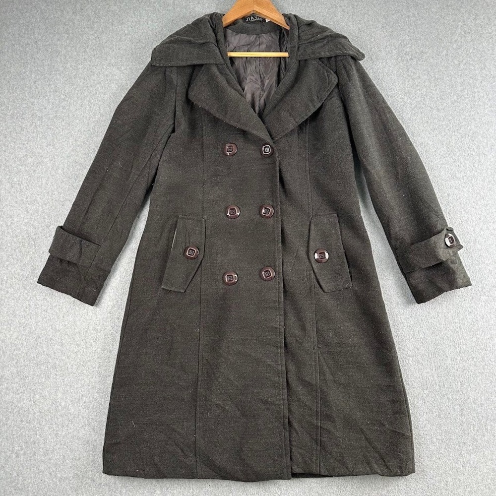Jia Yao Fashion Womens Charcoal Gray Double Breasted Pea Coat Oversized Collar L